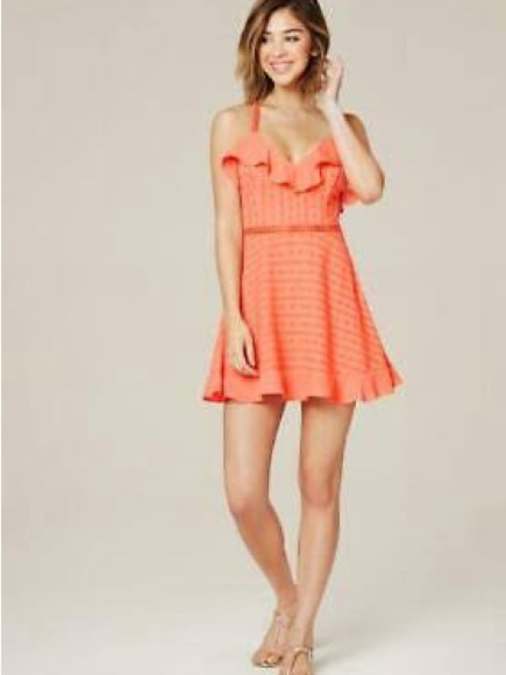 Bebe NWT sz6 Coral Ruffle Eyelet Fit-and-Flare Dress - Picture 2 of 5